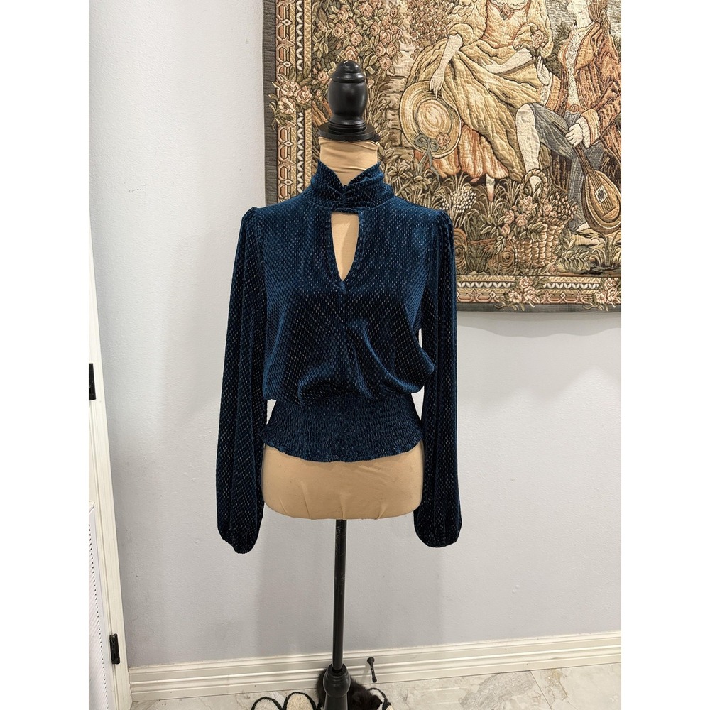 g.p.d. Shirt Womens Small Blue Velvet Metallic Mock Neck Keyhole Smocked MG-1077